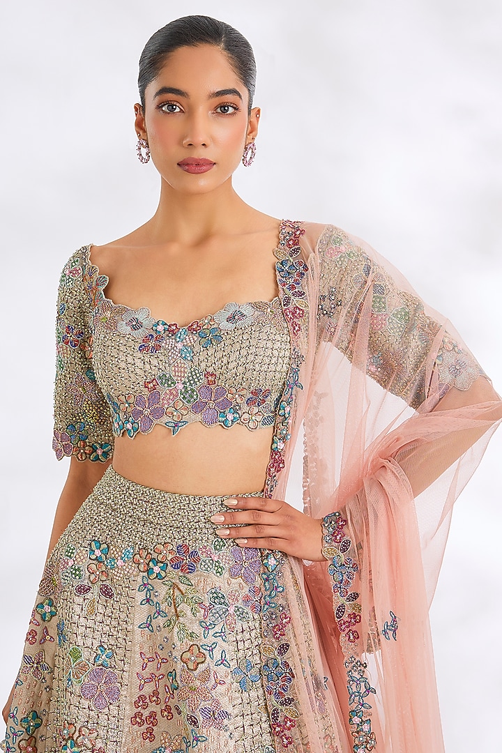 Silver Butterfly Net Bridal Lehenga Set by Aisha Rao at Pernia's Pop Up Shop