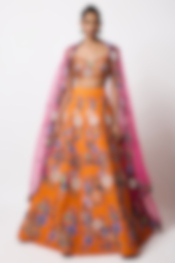 Orange Raw Silk Applique Embellished Bridal Lehenga Set by Aisha Rao at Pernia's Pop Up Shop