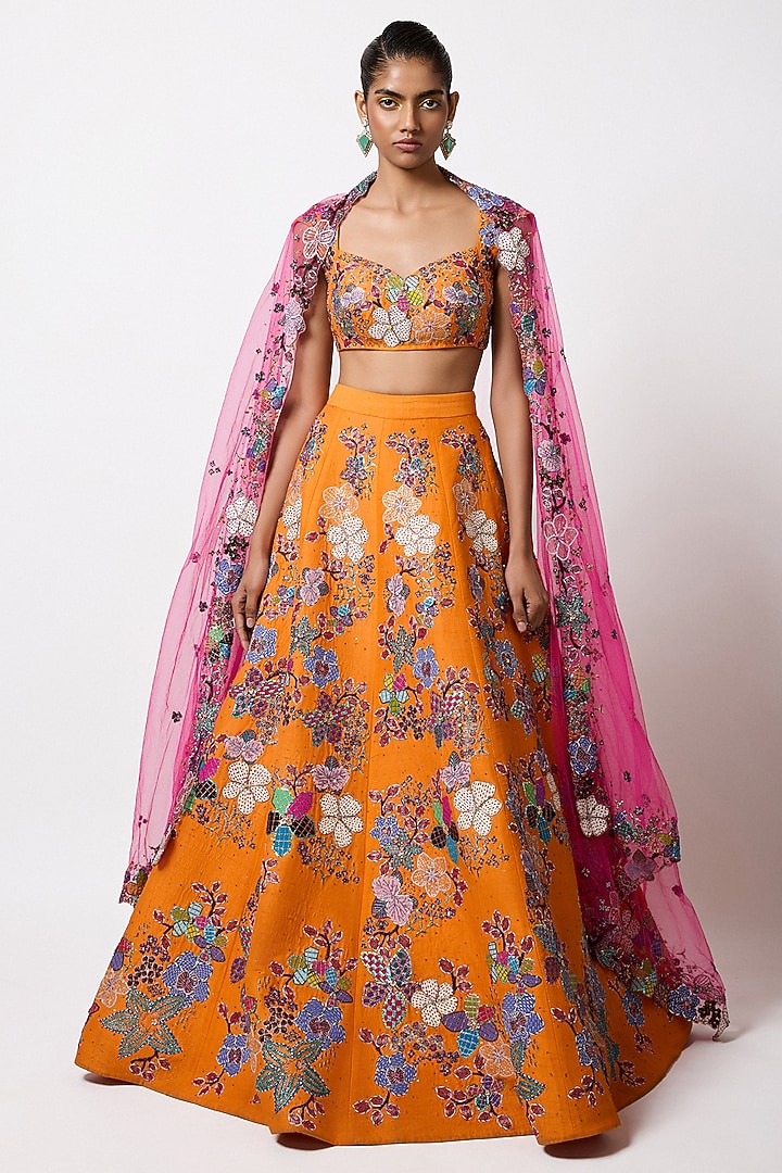 Orange Raw Silk Applique Embellished Bridal Lehenga Set by Aisha Rao at Pernia's Pop Up Shop