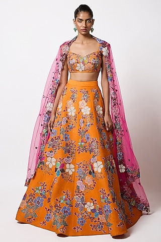 Orange Raw Silk Applique Embellished Lehenga Set by Aisha Rao