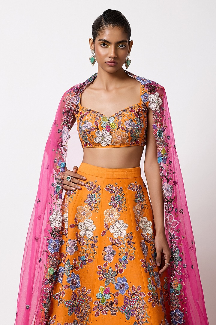 Orange Raw Silk Applique Embellished Bridal Lehenga Set by Aisha Rao at Pernia's Pop Up Shop
