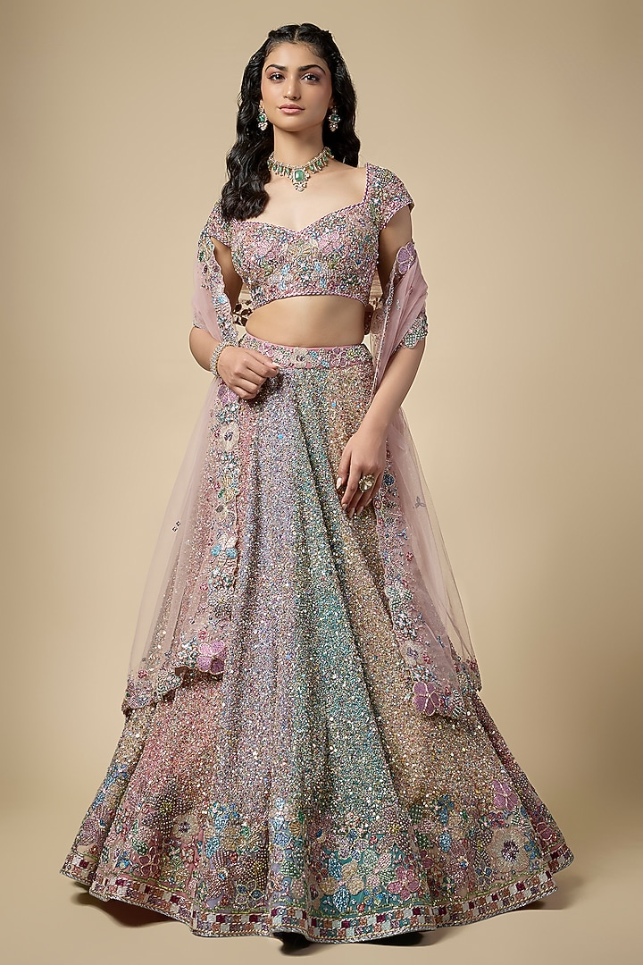 Multi-Colored Sequins Tulle Applique Embellished Bridal Lehenga Set by Aisha Rao at Pernia's Pop Up Shop