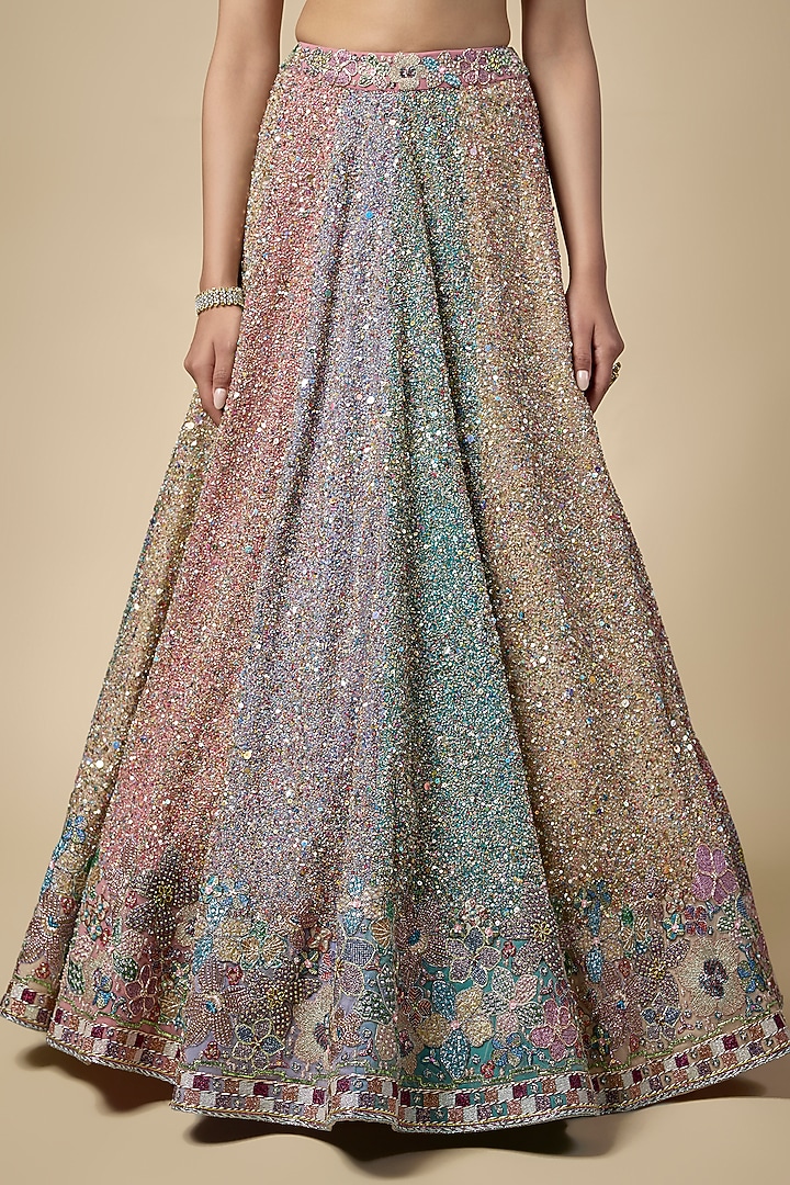 Multi-Colored Sequins Tulle Applique Embellished Bridal Lehenga Set by Aisha Rao at Pernia's Pop Up Shop