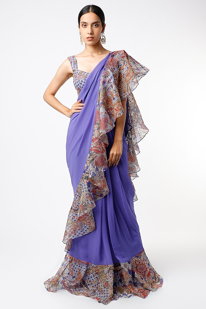 Blue Printed Ruffled Pre-Draped Saree Set by Aisha Rao