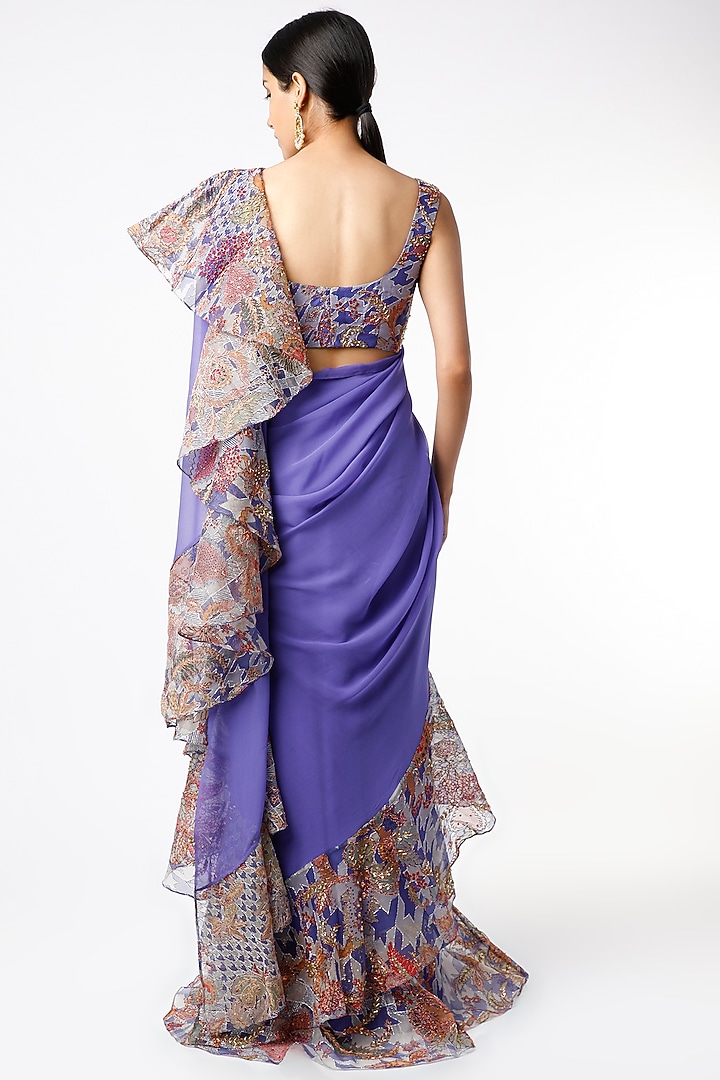 Blue Printed Ruffled Pre-Draped Reception Saree Set by Aisha Rao at Pernia's Pop Up Shop