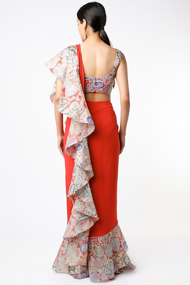 Red Organza Printed Ruffled Reception Saree Set by Aisha Rao at Pernia's Pop Up Shop