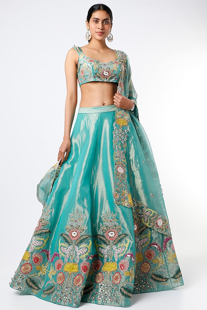 Turquoise Blue Embellished Kalidar Bridal Lehenga Set by Aisha Rao at Pernia's Pop Up Shop