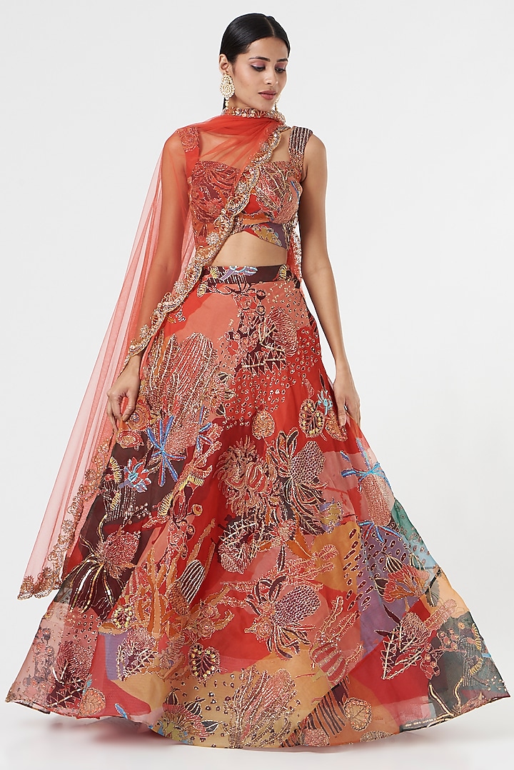 Red Embellished & Printed Bridal Lehenga Set by Aisha Rao at Pernia's Pop Up Shop