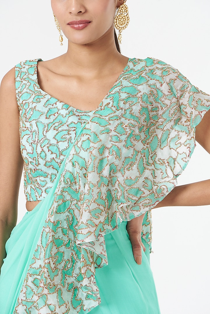Sea Green Indian Organza Printed Ruffled Reception Saree Set by Aisha Rao at Pernia's Pop Up Shop