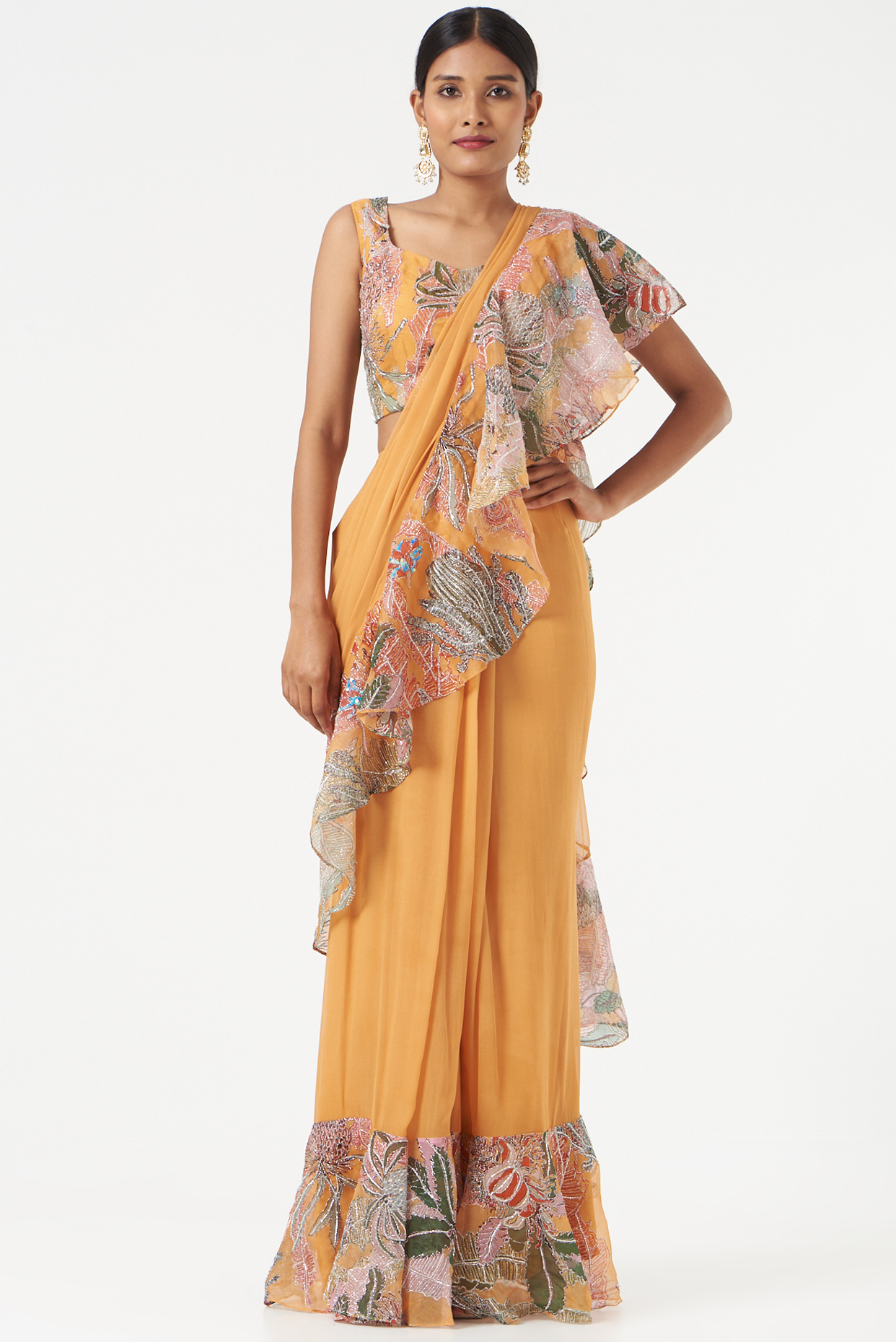 Yellow Embellished & Printed Ruffled Saree Set by Aisha Rao