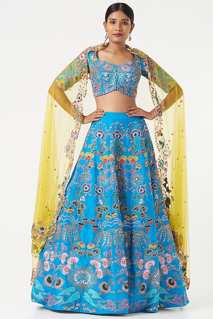 Cyan Blue Embellished Bridal Lehenga Set by Aisha Rao at Pernia's Pop Up Shop