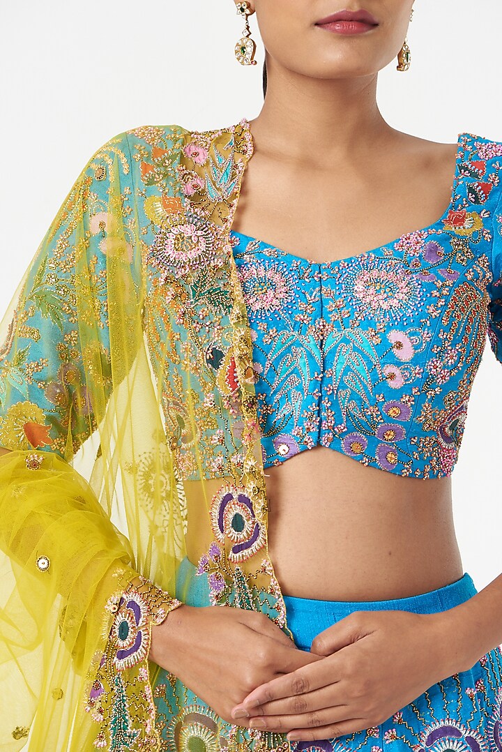 Cyan Blue Embellished Bridal Lehenga Set by Aisha Rao at Pernia's Pop Up Shop