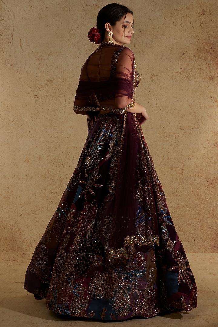 Plum Printed & Embellished Bridal Lehenga Set by Aisha Rao at Pernia's Pop Up Shop