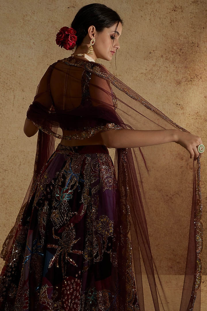 Plum Printed & Embellished Bridal Lehenga Set by Aisha Rao at Pernia's Pop Up Shop