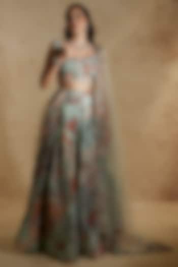 Blue Printed & Embellished Bridal Lehenga Set by Aisha Rao at Pernia's Pop Up Shop