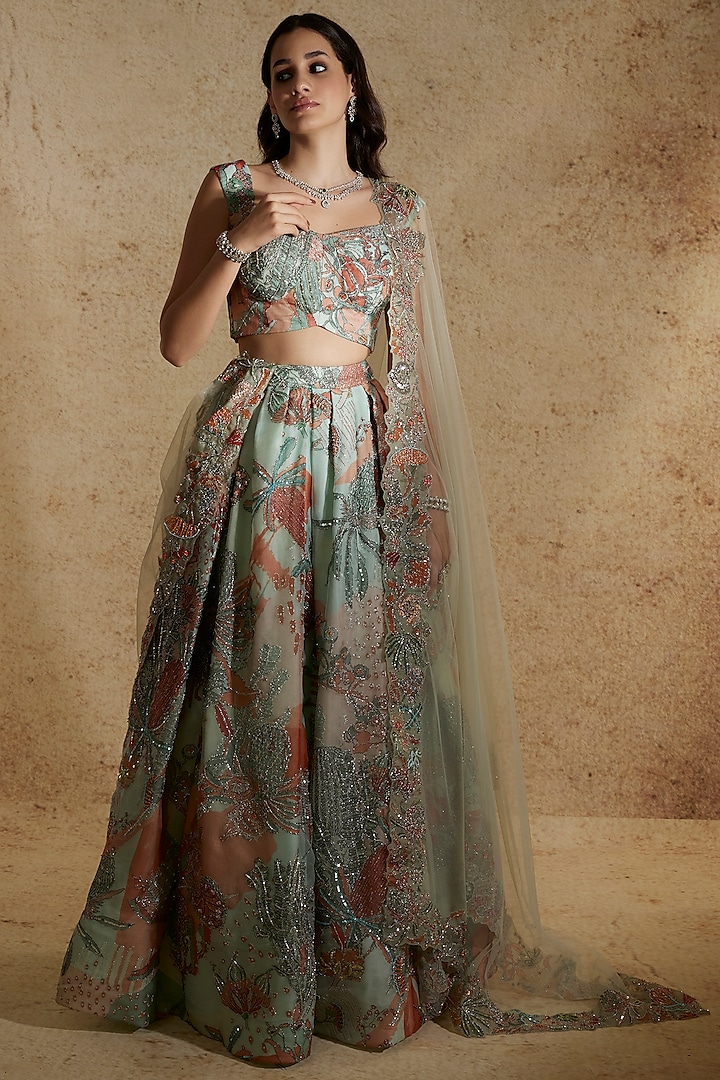 Blue Printed & Embellished Bridal Lehenga Set by Aisha Rao at Pernia's Pop Up Shop