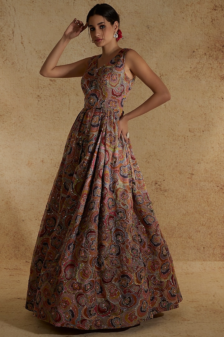 Peach Rose Printed & Embellished Gown by Aisha Rao