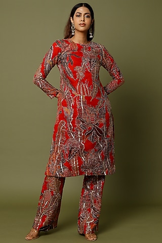 Fiery Red Embellished Kurta Set by Aisha Rao