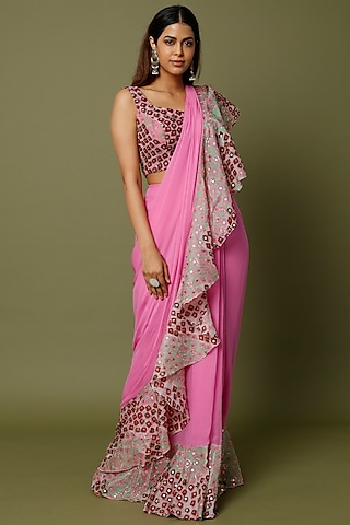 Light Pink Organza Embellished Saree Set by Aisha Rao