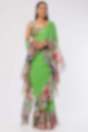 Parrot Green Organza Printed & Embellished Ruffled Reception Saree Set by Aisha Rao at Pernia's Pop Up Shop
