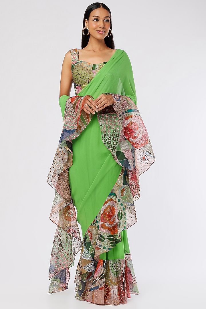 Parrot Green Organza Printed & Embellished Ruffled Reception Saree Set by Aisha Rao at Pernia's Pop Up Shop