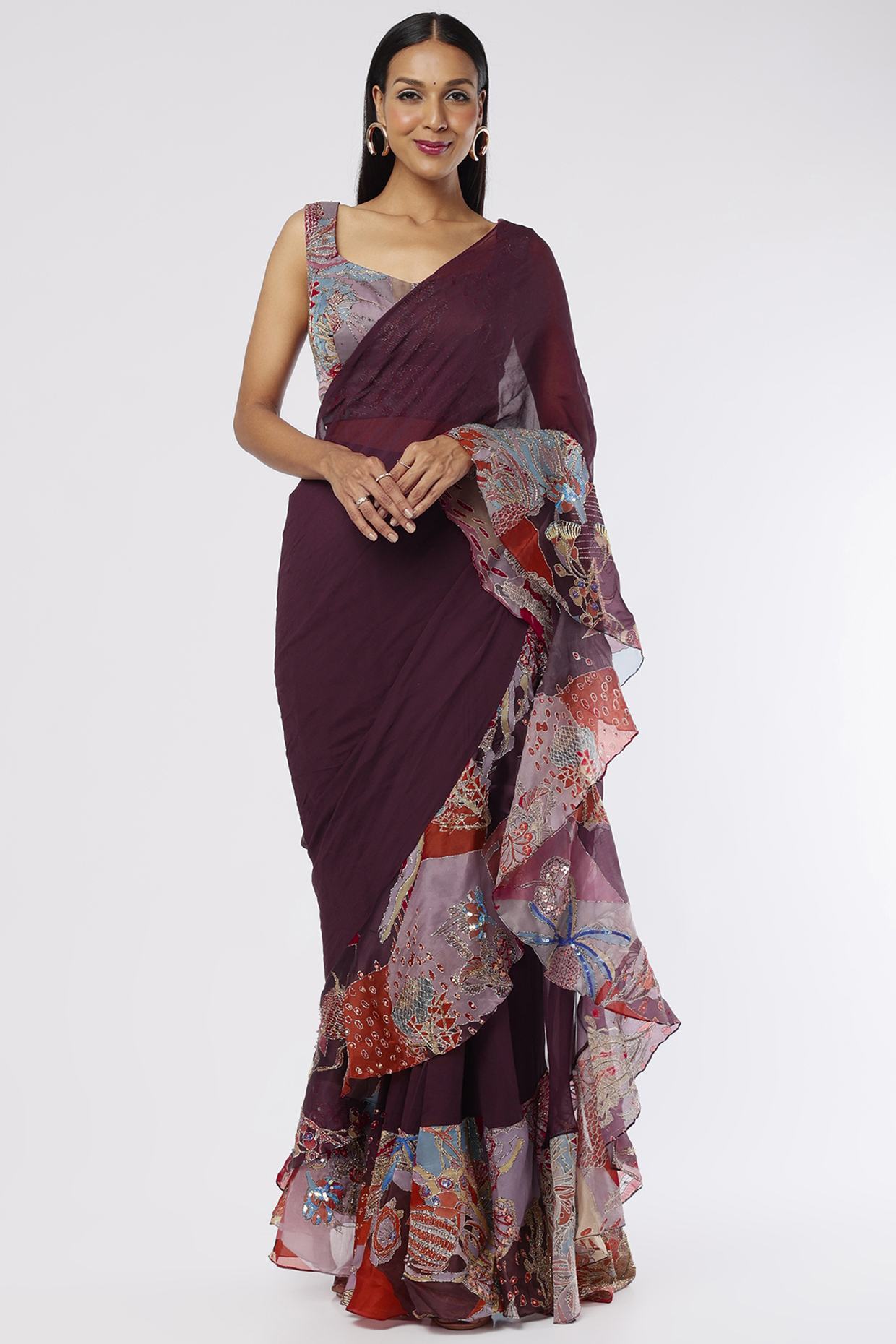 Plum Satin Organza Printed & Embellished Ruffled Reception Saree Set by Aisha Rao at Pernia's Pop Up Shop