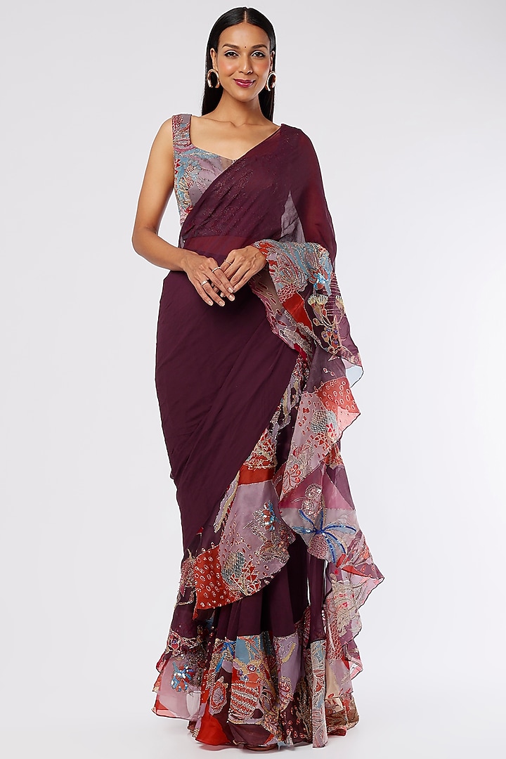 Plum Satin Organza Printed & Embellished Ruffled Reception Saree Set by Aisha Rao at Pernia's Pop Up Shop