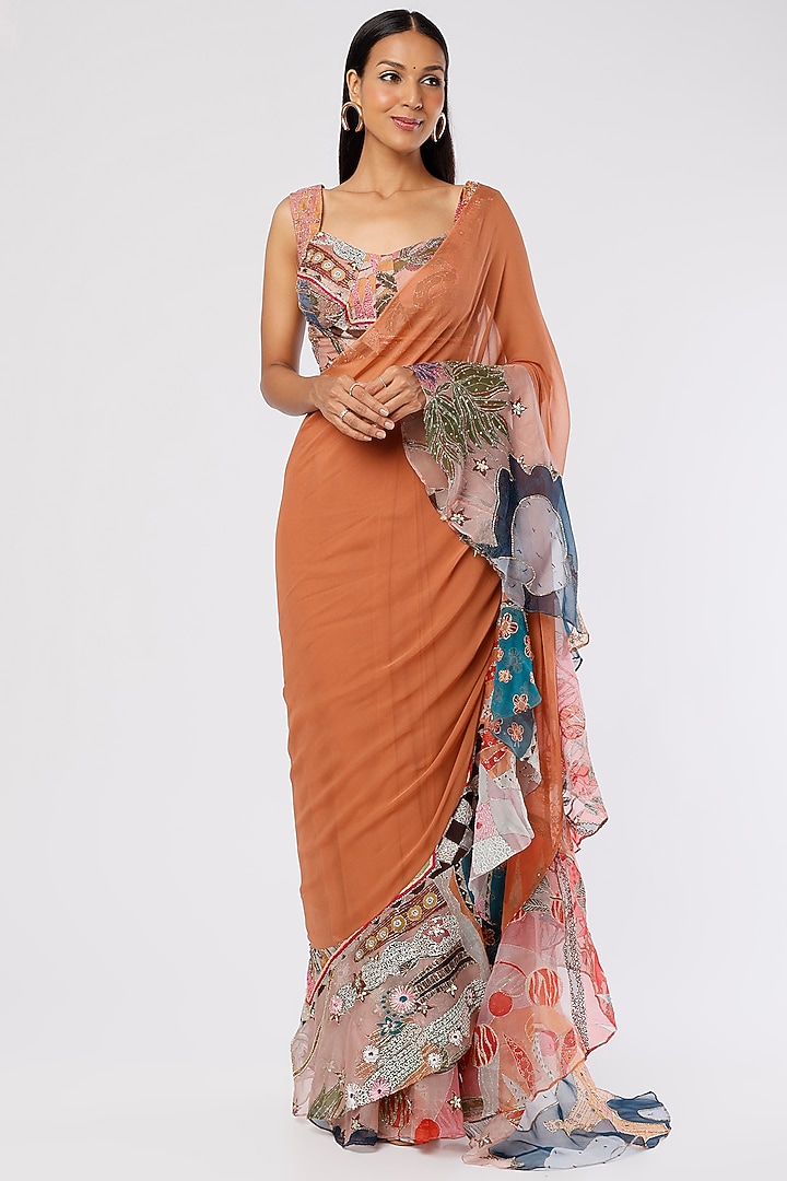 Orange Organza Printed & Embellished Reception Saree Set by Aisha Rao at Pernia's Pop Up Shop