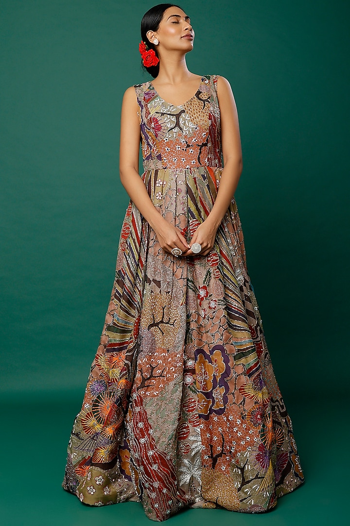 Multi-Colored Embellished Gown by Aisha Rao