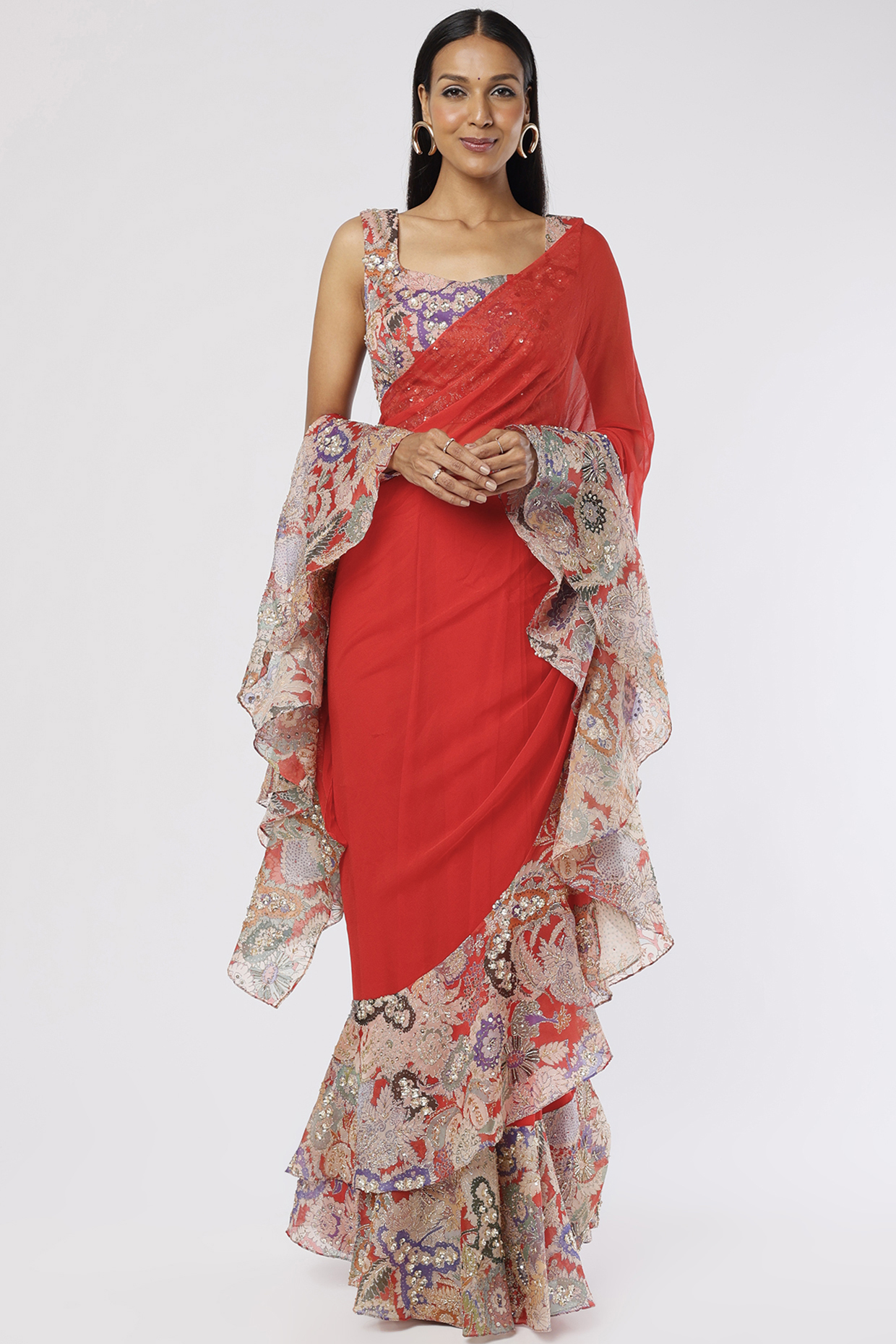 Red Satin Organza Printed & Embellished Ruffled Reception Saree Set by Aisha Rao at Pernia's Pop Up Shop