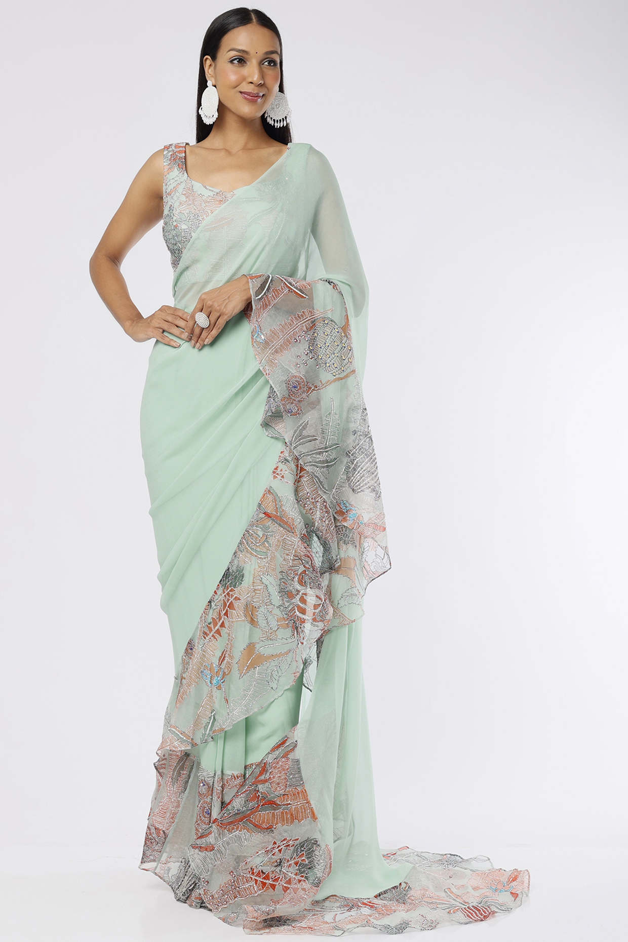 Blue Satin Organza Printed & Embellished Ruffled Saree Set by Aisha Rao