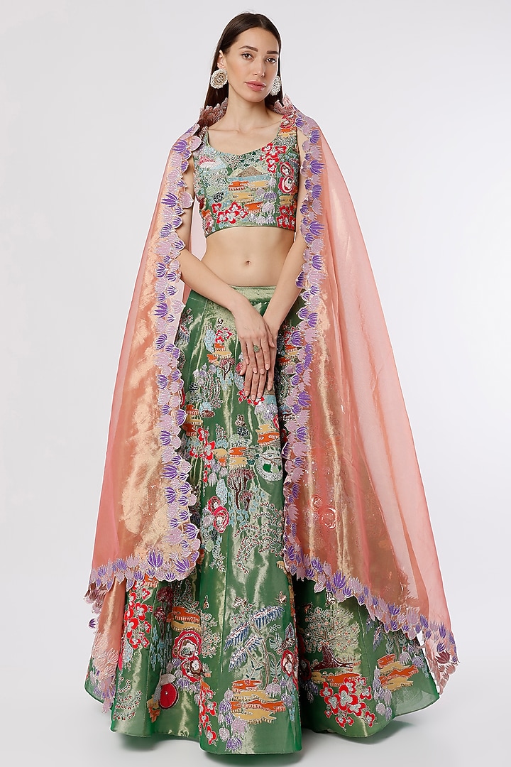 Mehendi Green Embellished Bridal Lehenga Set by Aisha Rao at Pernia's Pop Up Shop