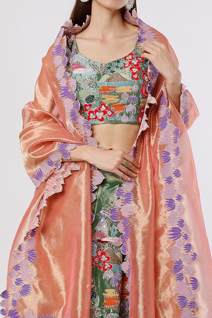 Mehendi Green Embellished Bridal Lehenga Set by Aisha Rao at Pernia's Pop Up Shop