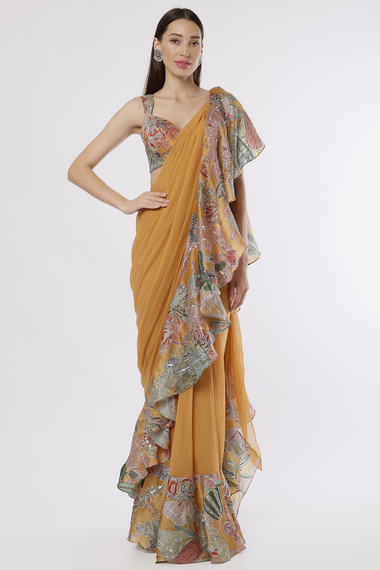 Yellow Organza Printed & Embellished Reception Saree Set by Aisha Rao at Pernia's Pop Up Shop