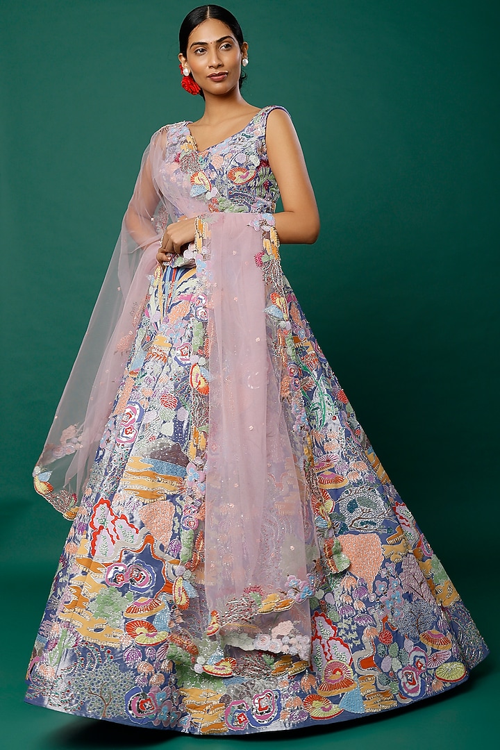 Blue Embellished Bridal Lehenga Set by Aisha Rao at Pernia's Pop Up Shop