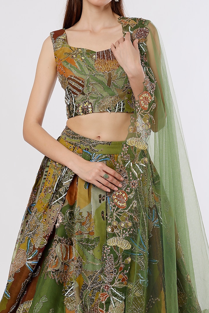 Olive Green Printed & Embellished Bridal Lehenga Set by Aisha Rao at Pernia's Pop Up Shop