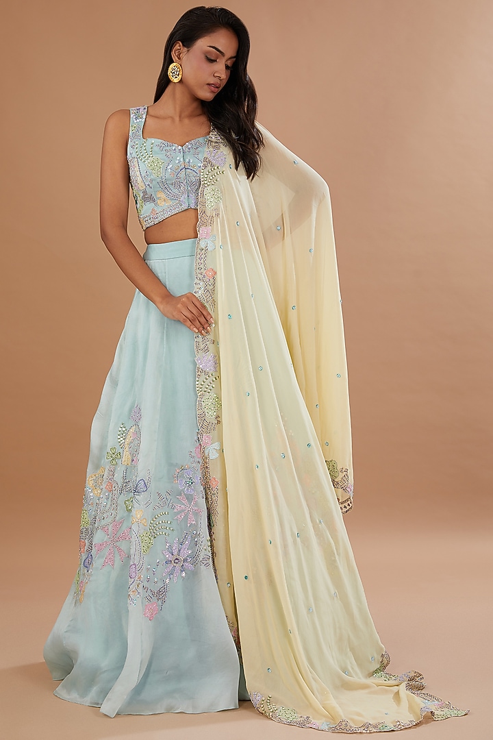 Powder Blue Satin Organza Applique Embellished Bridal Lehenga Set by Aisha Rao at Pernia's Pop Up Shop