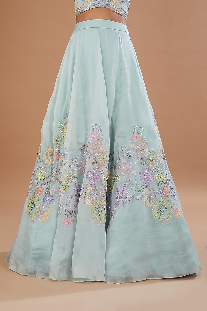 Powder Blue Satin Organza Applique Embellished Bridal Lehenga Set by Aisha Rao at Pernia's Pop Up Shop
