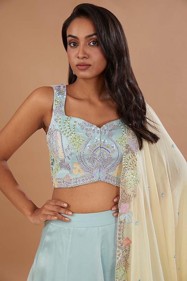 Powder Blue Satin Organza Applique Embellished Bridal Lehenga Set by Aisha Rao at Pernia's Pop Up Shop