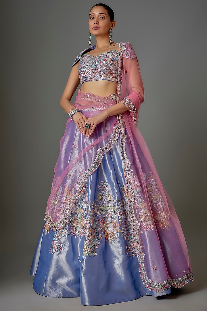 Blue Tissue Applique Embellished Bridal Lehenga Set by Aisha Rao at Pernia's Pop Up Shop