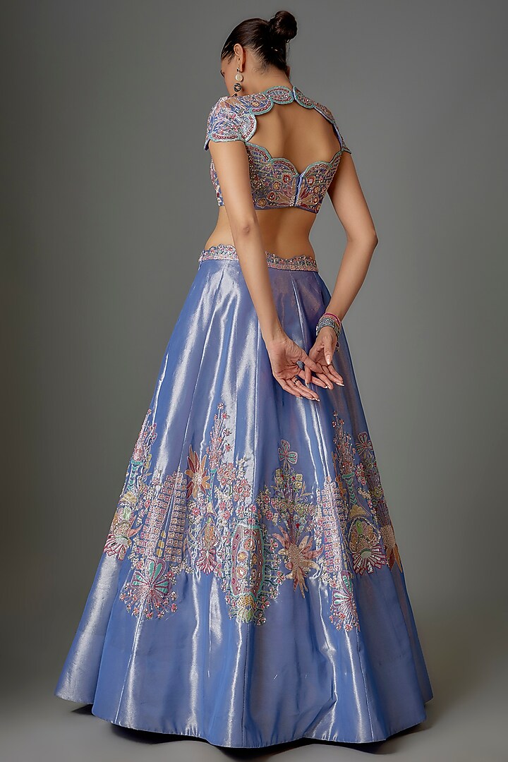 Blue Tissue Applique Embellished Bridal Lehenga Set by Aisha Rao at Pernia's Pop Up Shop