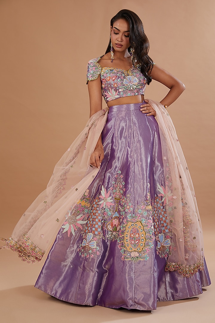 Violet Tissue Applique Embellished Bridal Lehenga Set by Aisha Rao at Pernia's Pop Up Shop