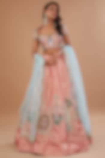 Peach Tissue Applique Embellished Bridal Lehenga Set by Aisha Rao at Pernia's Pop Up Shop