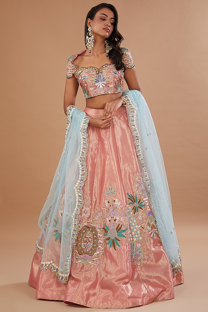 Peach Tissue Applique Embellished Bridal Lehenga Set by Aisha Rao at Pernia's Pop Up Shop
