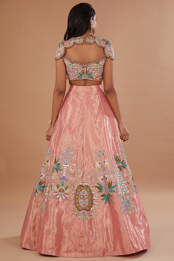 Peach Tissue Applique Embellished Bridal Lehenga Set by Aisha Rao at Pernia's Pop Up Shop