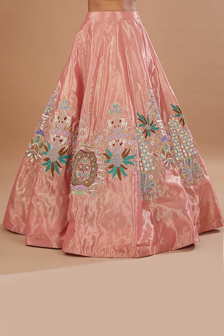 Peach Tissue Applique Embellished Bridal Lehenga Set by Aisha Rao at Pernia's Pop Up Shop