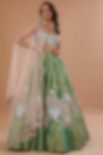 Dark Green Tissue Applique Embellished Bridal Lehenga Set by Aisha Rao at Pernia's Pop Up Shop