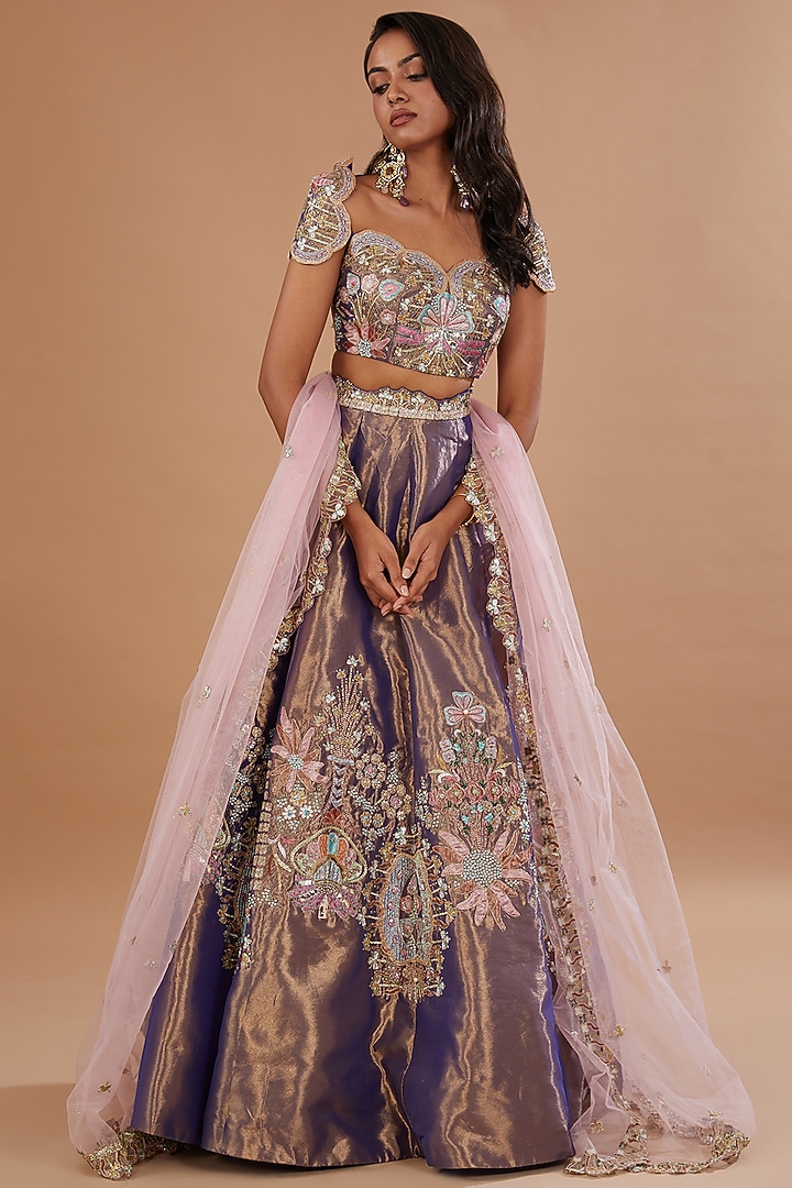 Golden Purple Tissue Applique Embellished Bridal Lehenga Set by Aisha Rao  at Pernia's Pop Up Shop