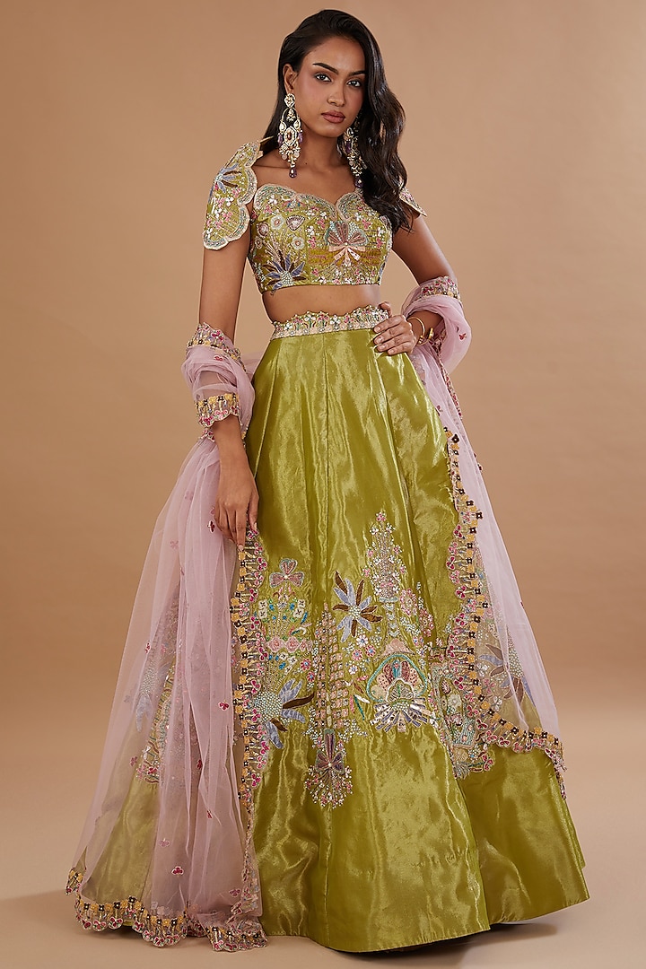 Olive Green Tissue Applique Embellished Bridal Lehenga Set by Aisha Rao at Pernia's Pop Up Shop