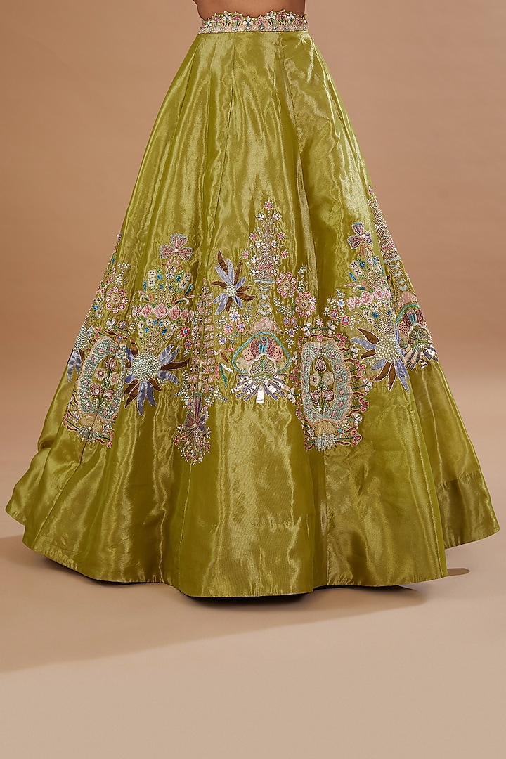 Olive Green Tissue Applique Embellished Bridal Lehenga Set by Aisha Rao at Pernia's Pop Up Shop